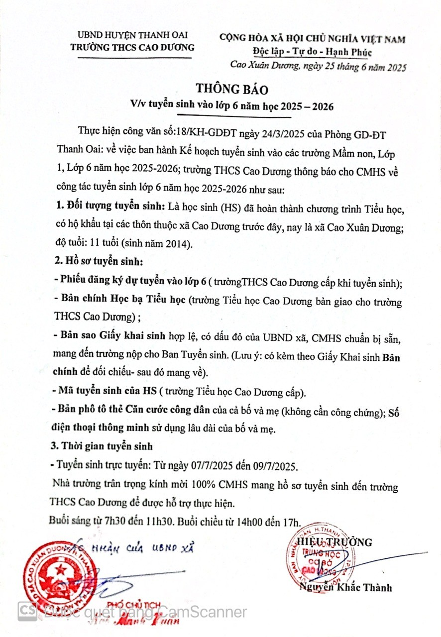 Tuyển sinh lớp 6 năm 2025-2026 trường THCS Cao Dương